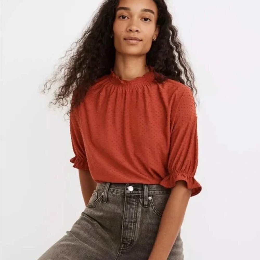 Madewell Red Clipdot Ruffle Mock Neck Half-Sleeve Dainty Blouse Size XS
